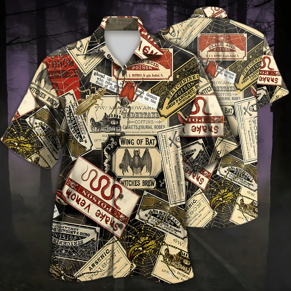 Wicked Witches Labels Poison Acid Halloween Trendy Hawaiian Shirt, Unisex Print Aloha Short Sleeve Casual Shirt