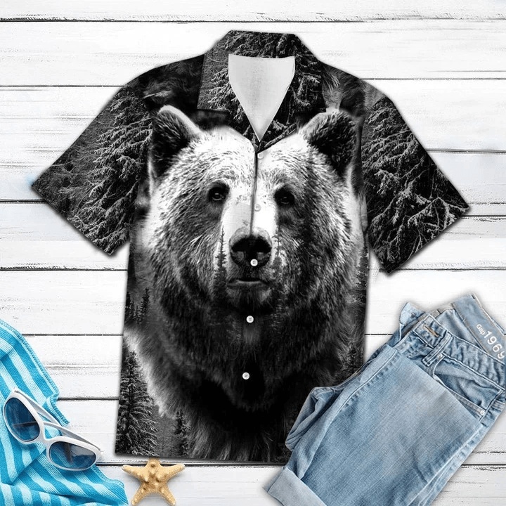 Wild Bear Black And White Portrait Design Themed Trendy Hawaiian Shirt, Short Sleeve Hawaiian Aloha Shirt For Men