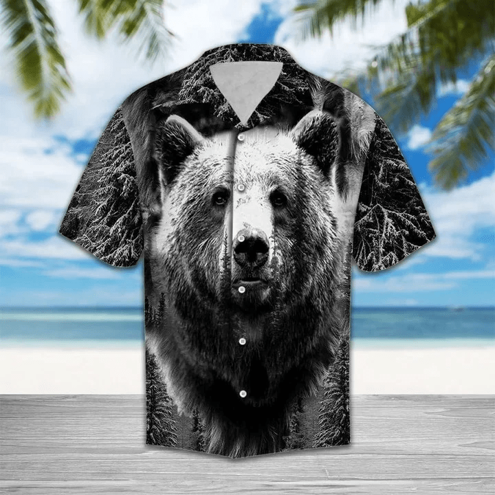 Wild Bear Black And White Portrait Design Themed Trendy Hawaiian Shirt, Short Sleeve Hawaiian Aloha Shirt For Men