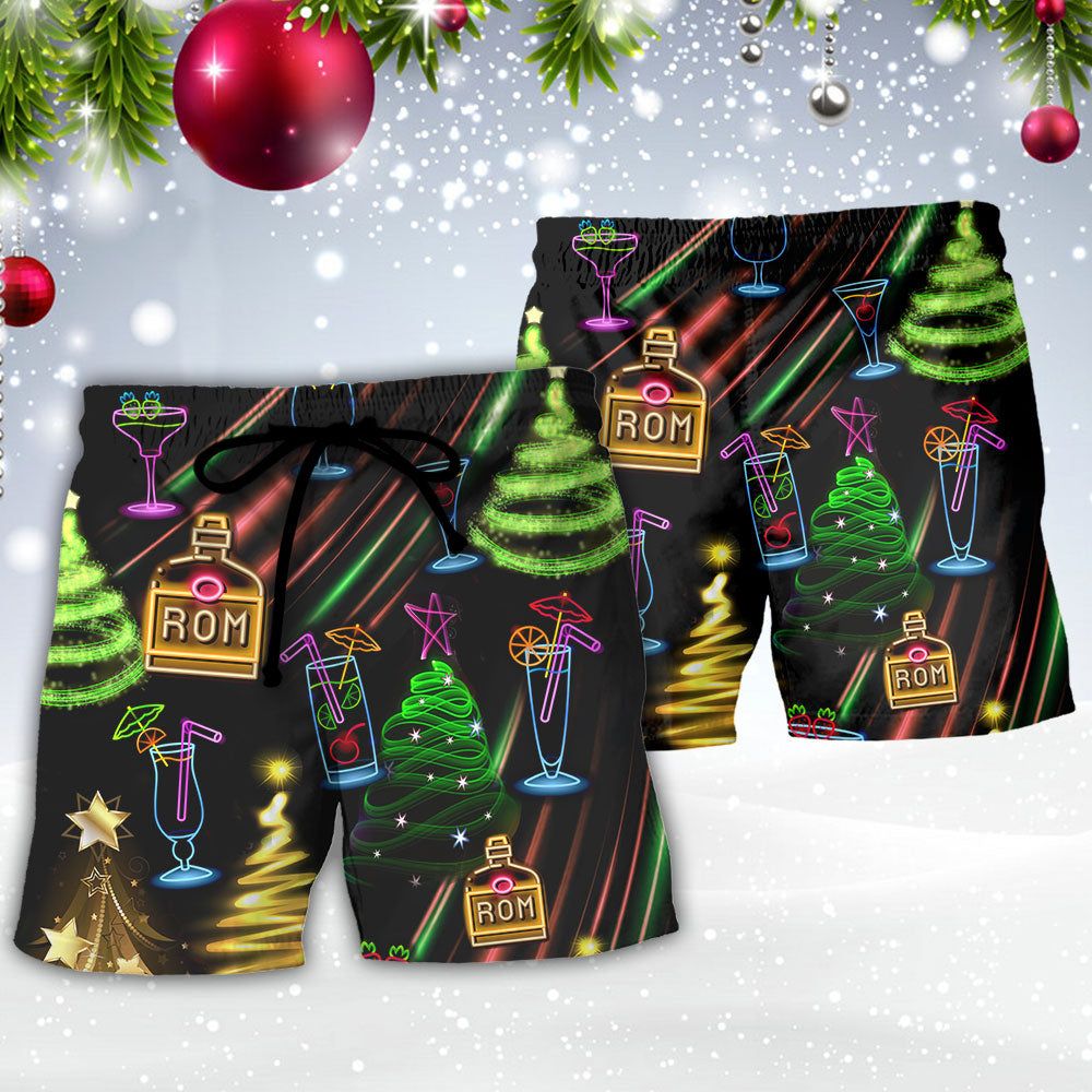 Wine Rum Christmas Neon Art Drinking Trendy Aloha Hawaiian Beach Shorts