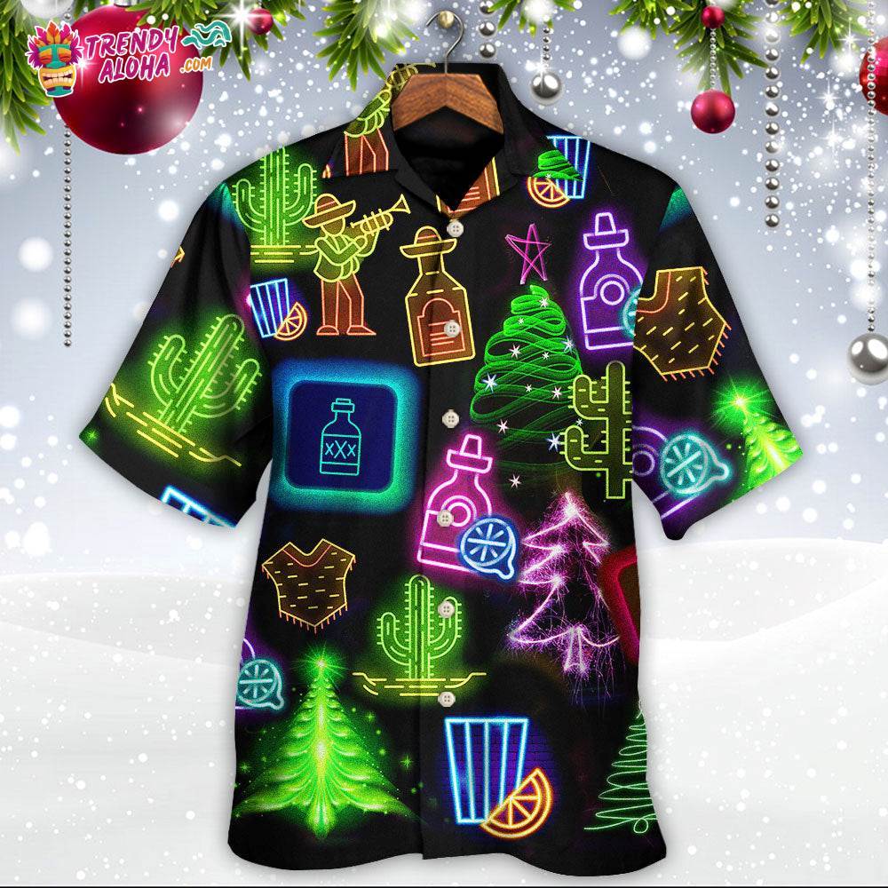 Wine Tequila Christmas Neon Art Drinking Hawaiian Shirt – Trendy Aloha
