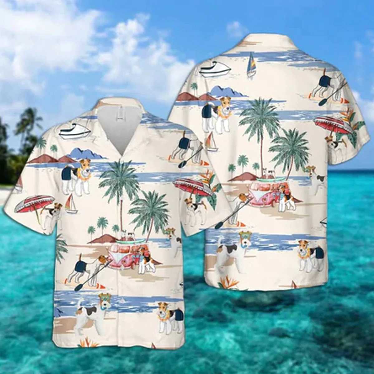 Wire Fox Terrier Summer Beach Trendy Hawaiian Shirt, Trendy Hawaiian Shirts For Men Short Sleeve Aloha Beach Shirt