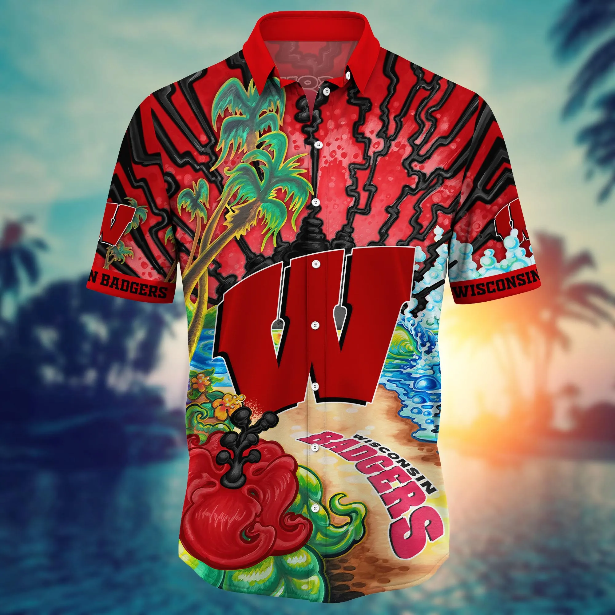 Wisconsin Badgers NCAA Hawaiian Shirt Sunningtime Aloha Shirt