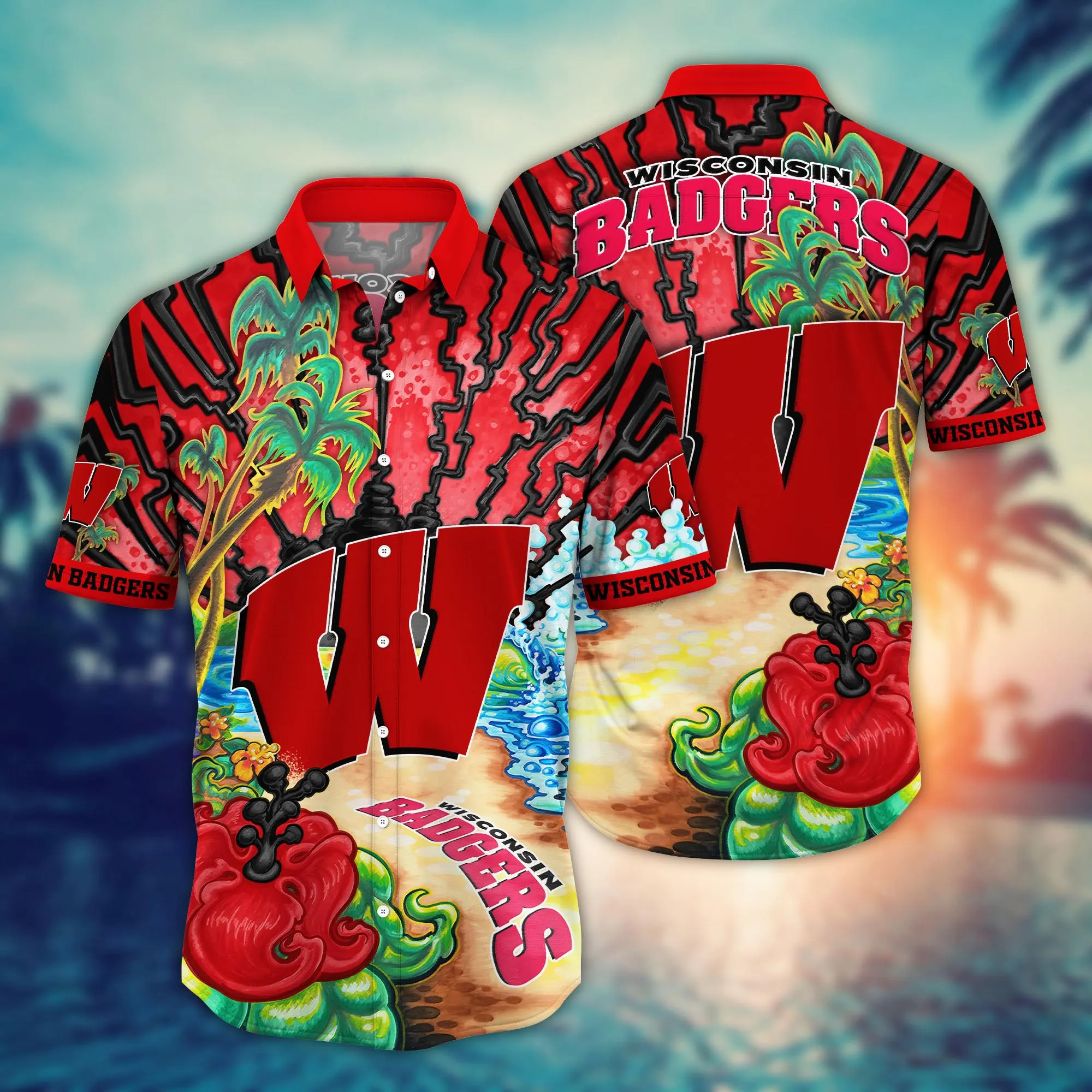 Wisconsin Badgers NCAA Hawaiian Shirt Sunningtime Aloha Shirt Wisconsin Badgers NCAA Hawaiian Shirt Sunningtime Aloha Shirt
