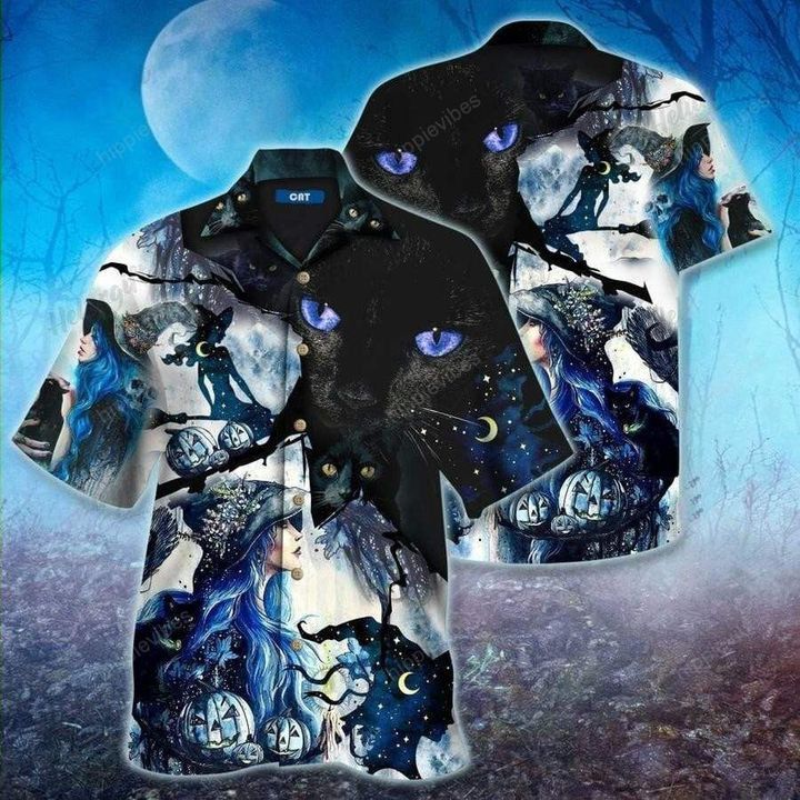 Witch Cat Mystery Halloween Trendy Hawaiian Shirt, Unisex Print Aloha Short Sleeve Casual Shirt