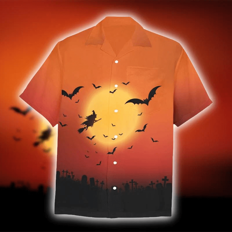Witch Flying Theme Hawaiian Aloha Shirt for Halloween