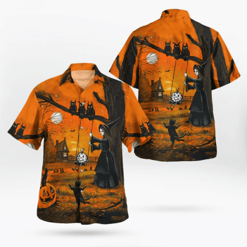 Witch with Owls and Black Cats Halloween Hawaiian Shirt