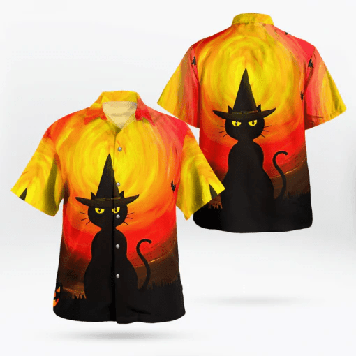 Wizard Black Cat Halloween Trendy Hawaiian Shirt, Unisex Print Aloha Short Sleeve Casual Shirt Wizard Black Cat Halloween Trendy Hawaiian Shirt, Unisex Print Aloha Short Sleeve Casual Shirt