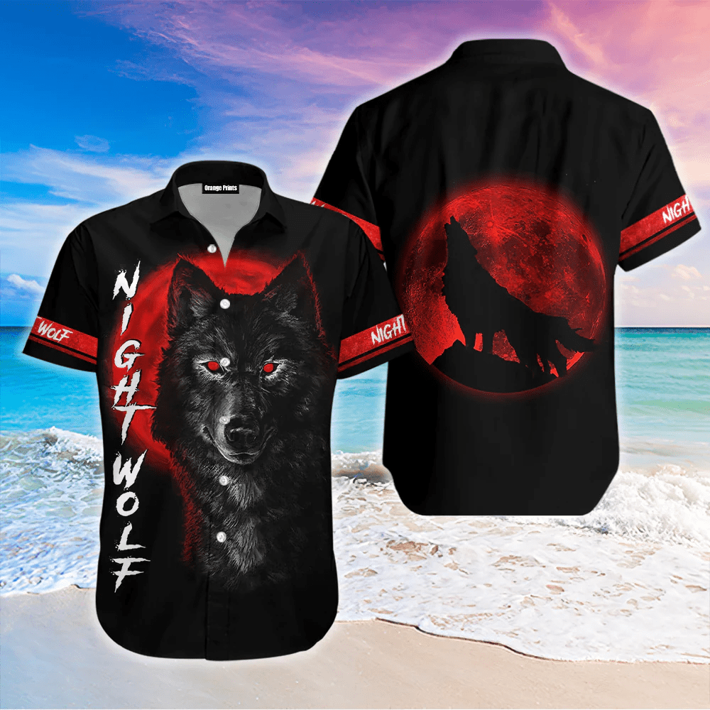 Wolf In Blood Moon Black Red Hawaiian Shirt For