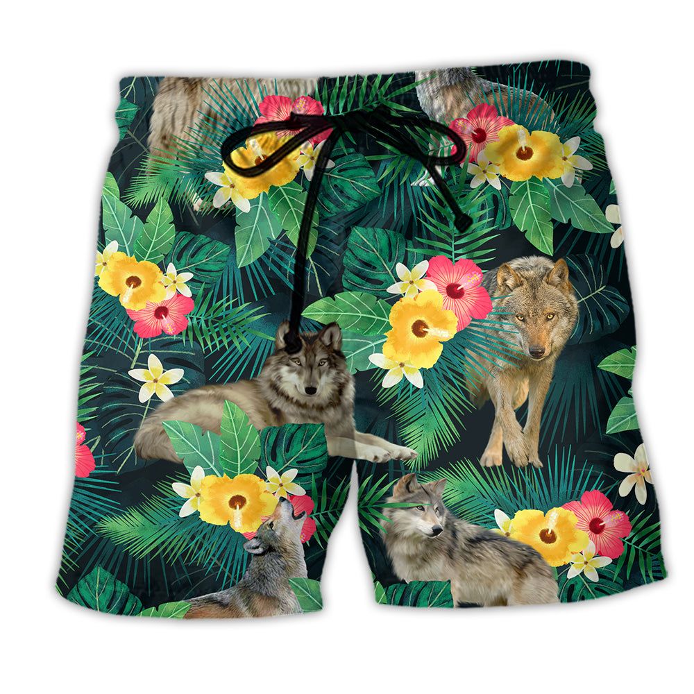 Wolf Tropical Floral Summer Vibes Trendy Aloha Hawaiian Beach Shorts Wolf Tropical Floral Summer Vibes Trendy Aloha Hawaiian Beach Shorts