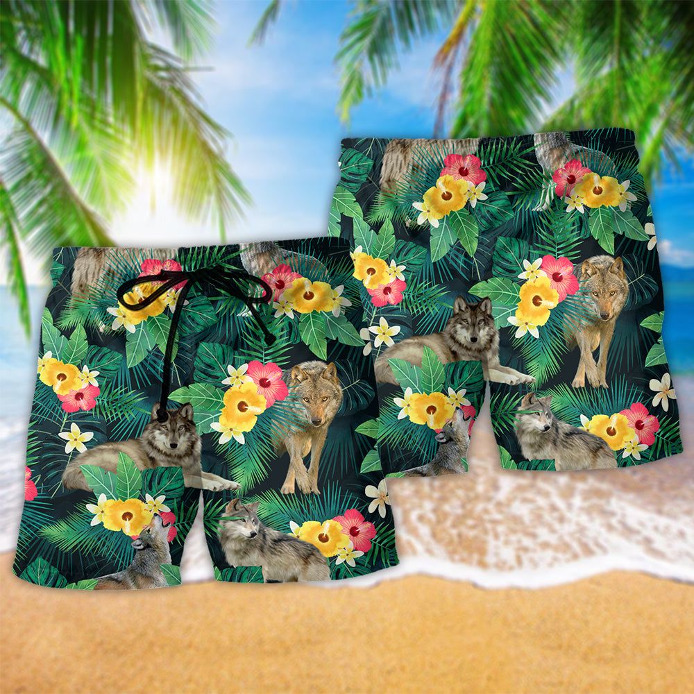 Wolf Tropical Floral Summer Vibes Trendy Aloha Hawaiian Beach Shorts