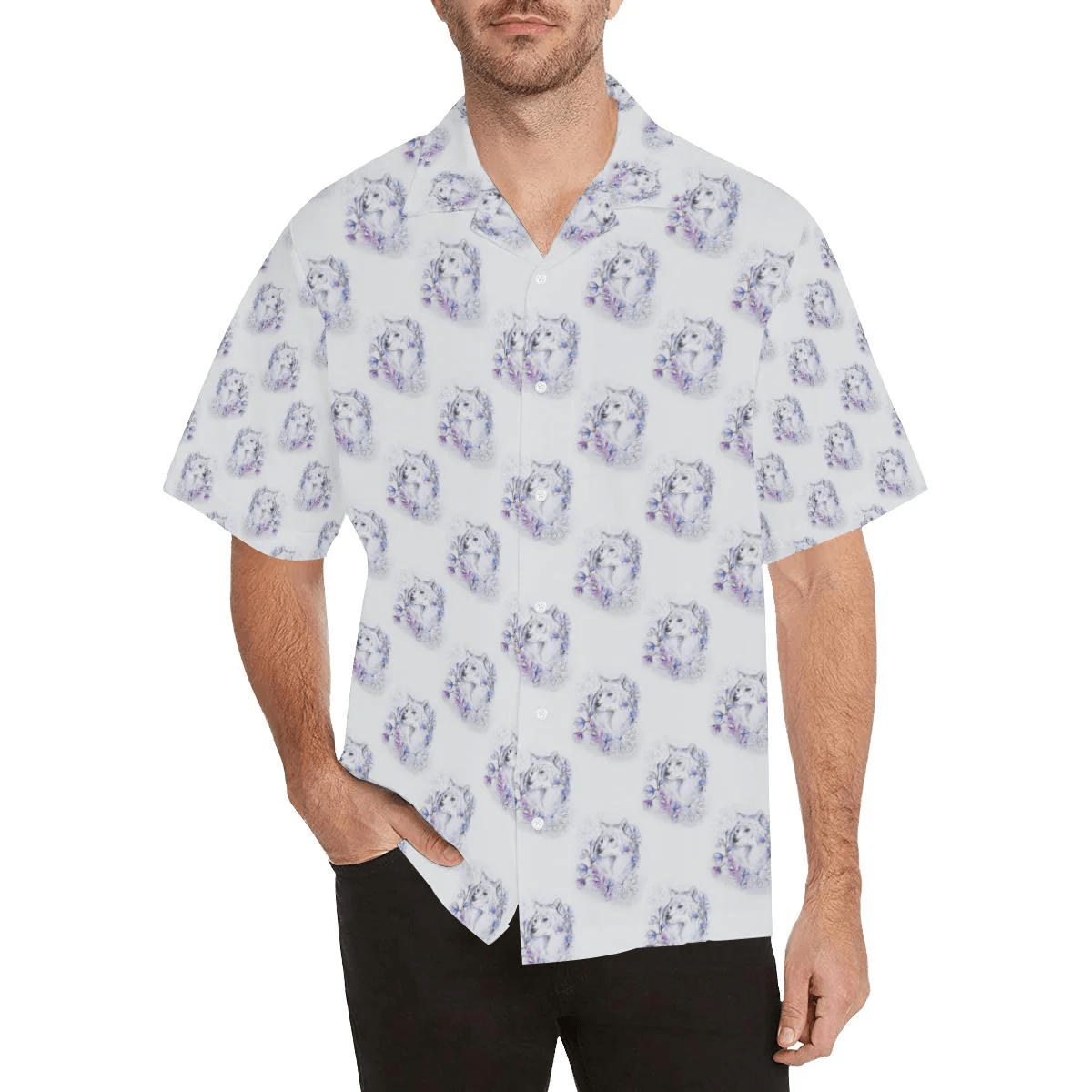 Wolf With Flower Print Design Trendy Hawaiian Shirt, Unisex Print Aloha Short Sleeve Casual Shirt Summer Gifts Wolf With Flower Print Design Trendy Hawaiian Shirt, Unisex Print Aloha Short Sleeve Casual Shirt Summer Gifts