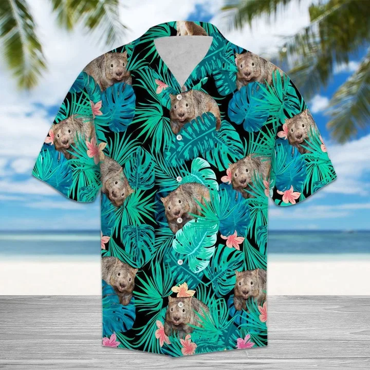 Wombat Tropical Palm Leaves And Pink Flower Pattern Hawaiian Shirt