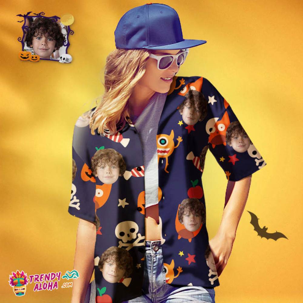 Women’s Custom Face Trendy Aloha Hawaiian Shirt Funny Halloween Party Personalized Trendy Aloha Hawaiian Shirt