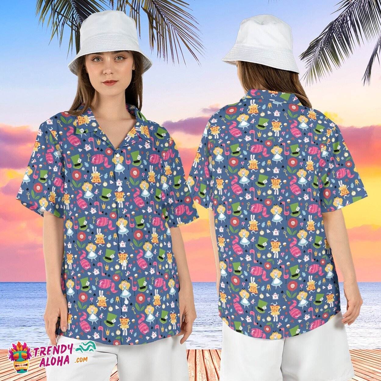 Wonderland Cheshire Cat Mad Hatter Tropical Disneyland Aloha Top