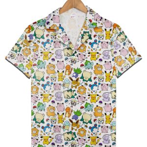 Pokemon Hawaiian Shirt Pkm Emoji Pika Jiggly Eievui Mew Chibi Hawaii Tshirt