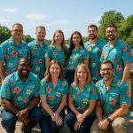 A cheerful group enjoying the outdoors in breezy Hawaiian shirts