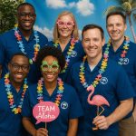 Smiling team members posing outside in bright Hawaiian shirts