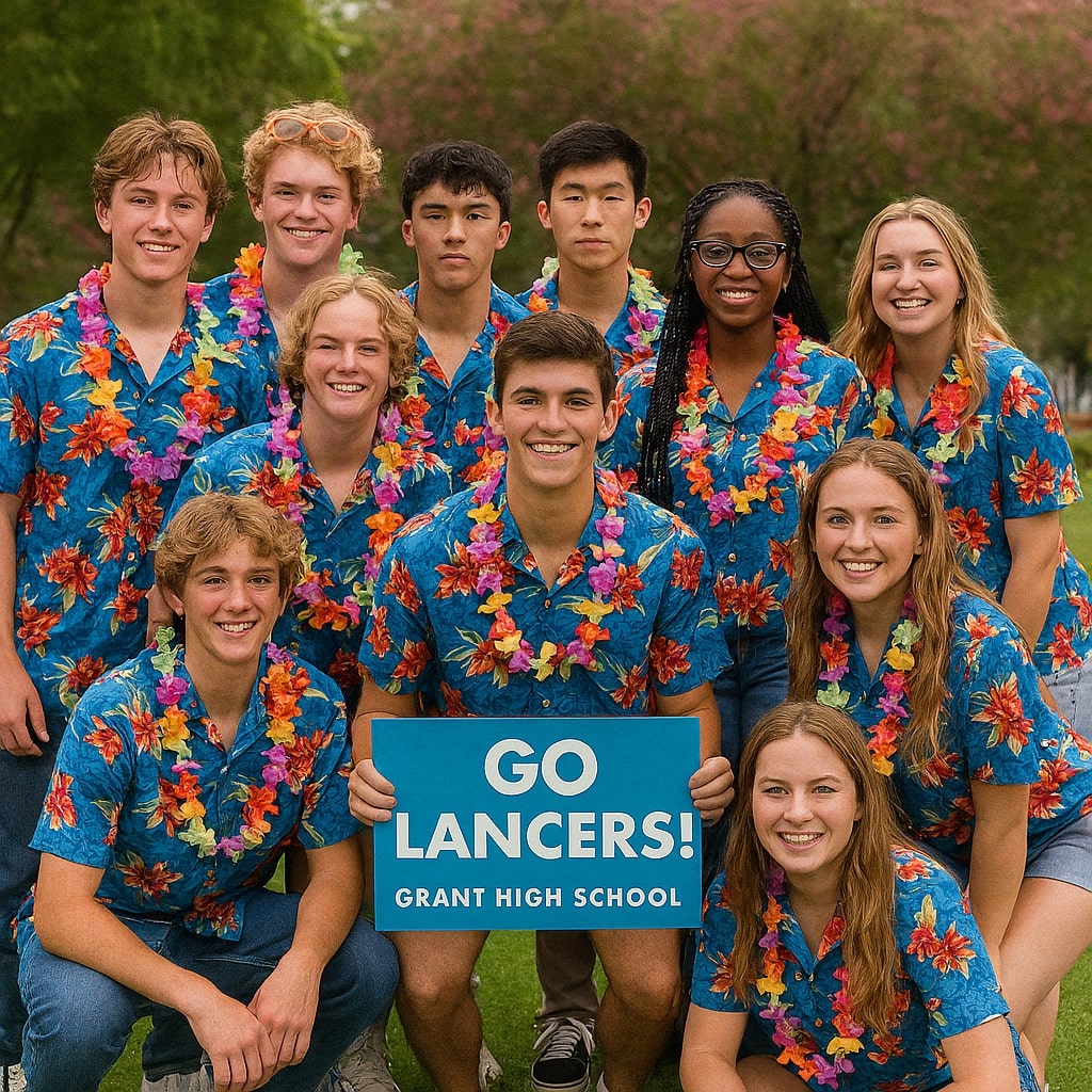 Fun group photo of highschoolers in bright Hawaiian shirts outside