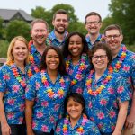 Fun team is smiling outside in matching aloha shirts.
