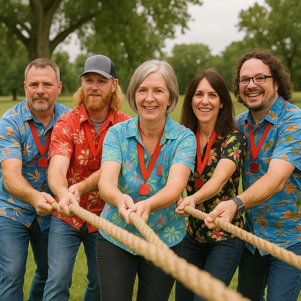 A joyful group of colleagues wearing colorful Hawaiian shirts at an outdoor activity