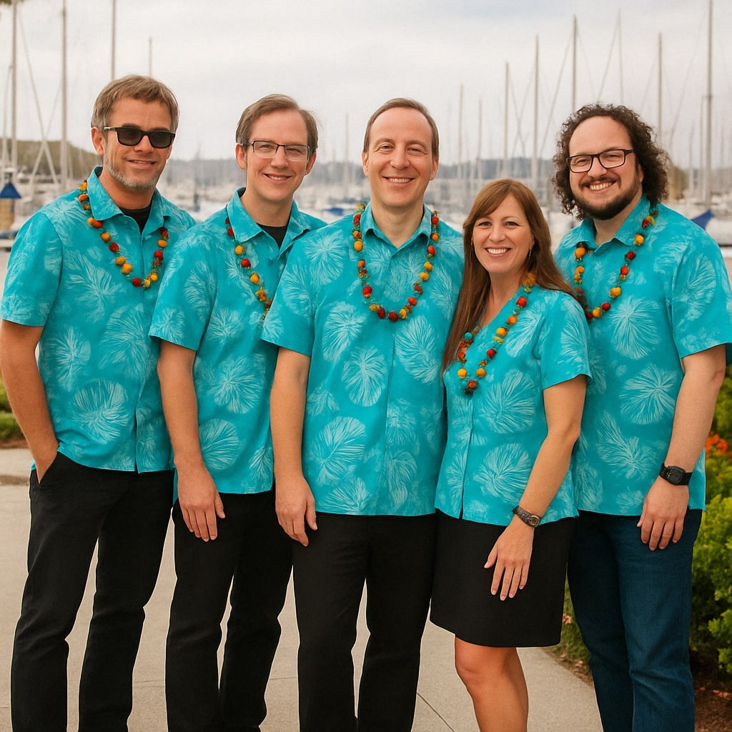 a happy group of organization wearing hawaiian shirts