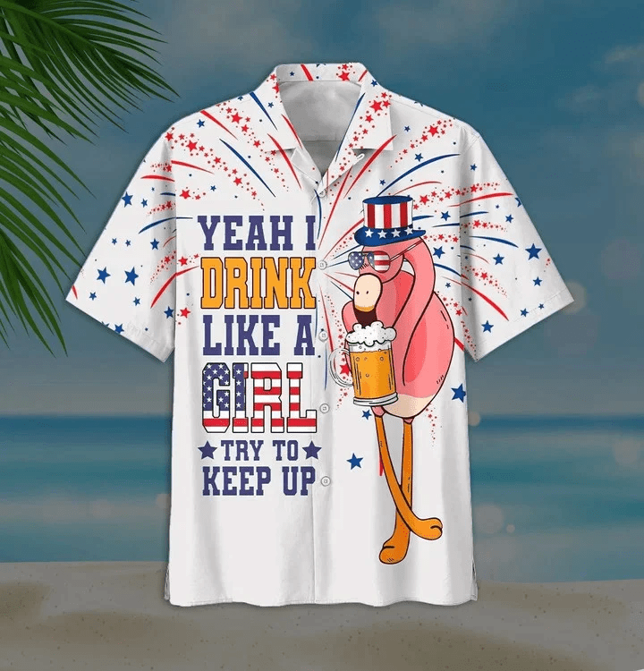 Yeah I Drink Like A Girl Charming Flamingo And Beer White Theme Trendy Hawaiian Shirt