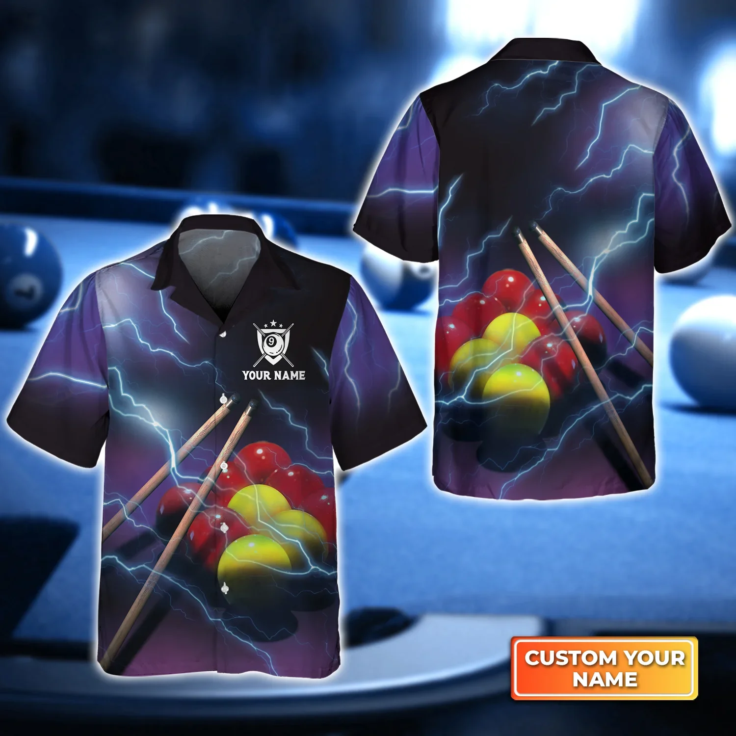 Yellow And Red Billiard Ball Thunder Lightning 3D Trendy Hawaiian Shirt, Billiard Team Uniform, Gift For Billiard Players