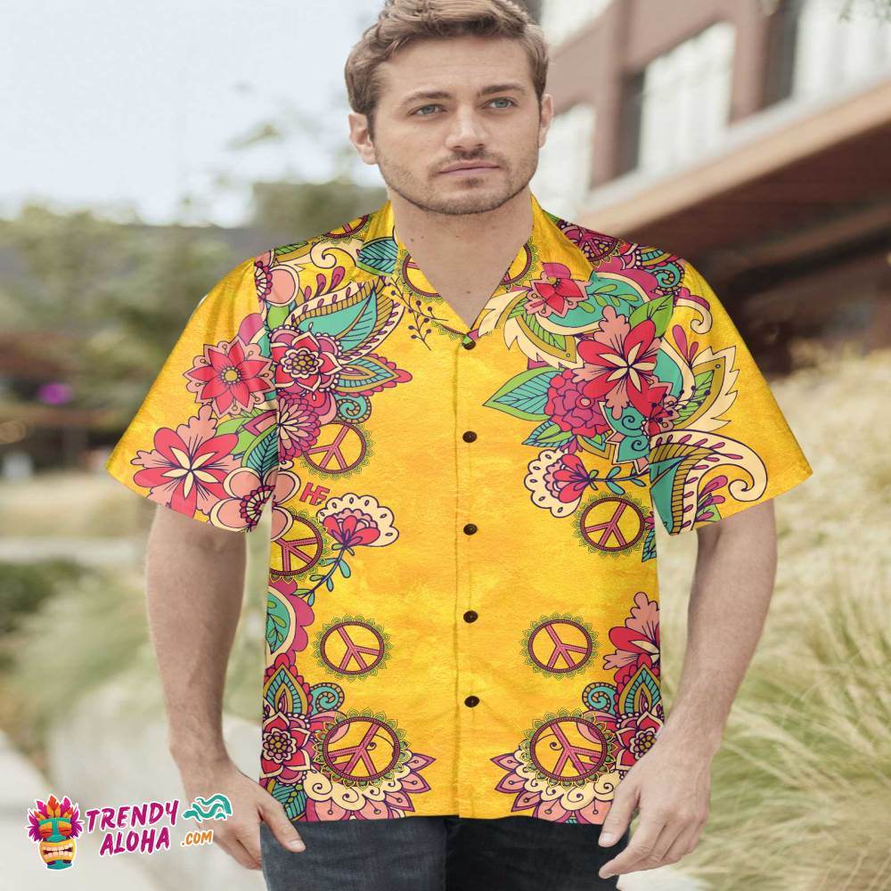 Yellow Hippie Peace Sign And Flowers Hawaiian Shirt, Foral Hippie Peace Sign Shirt, Best Hippie Gift Yellow Hippie Peace Sign And Flowers Hawaiian Shirt, Foral Hippie Peace Sign Shirt, Best Hippie Gift