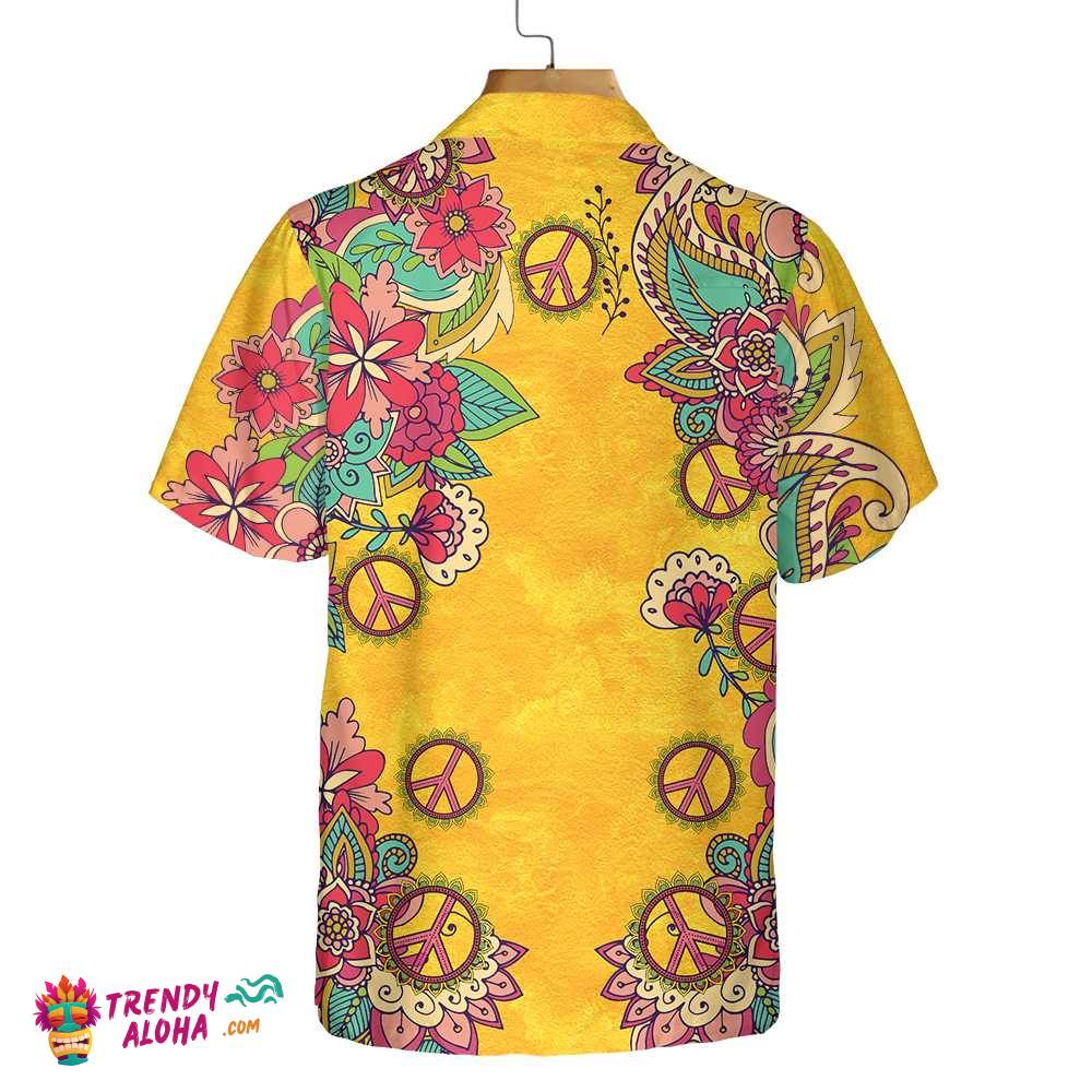 Yellow Hippie Peace Sign And Flowers Hawaiian Shirt, Foral Hippie Peace Sign Shirt, Best Hippie Gift