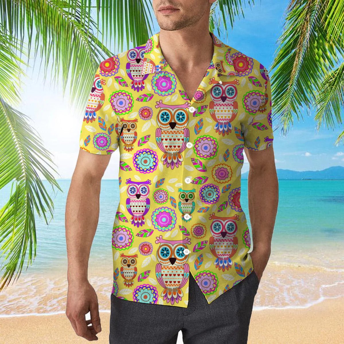 Yellow Owl And Flowers Trendy Hawaiian Shirt For Aloha Shirt