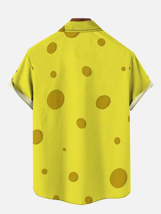 Yellow Sponge Man Cartoon Costume Breast Pocke Short Sleeve Aloha Hawaiian Shirt