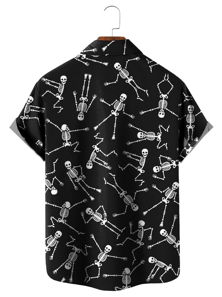 Yoga Skeleton Print Chest Pocket Short Sleeve Hawaiian Shirt