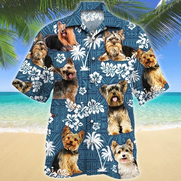Yorkshire Terrier Dog Lovers Blue Tribal Pattern Trendy Hawaiian Shirt Yorkshire Terrier Dog Lovers Blue Tribal Pattern Trendy Hawaiian Shirt