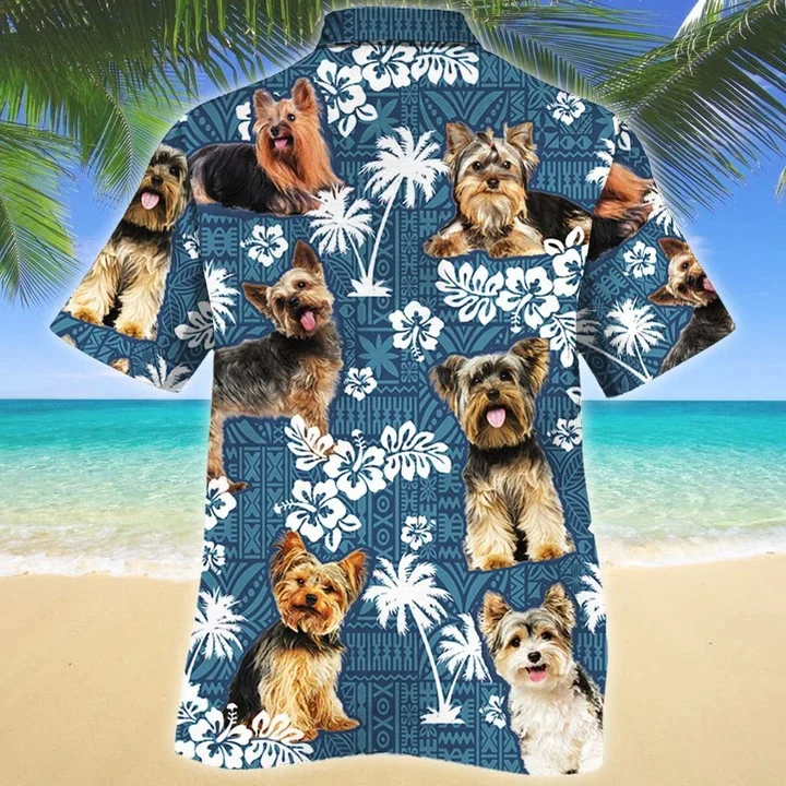 Yorkshire Terrier Dog Lovers Blue Tribal Pattern Trendy Hawaiian Shirt