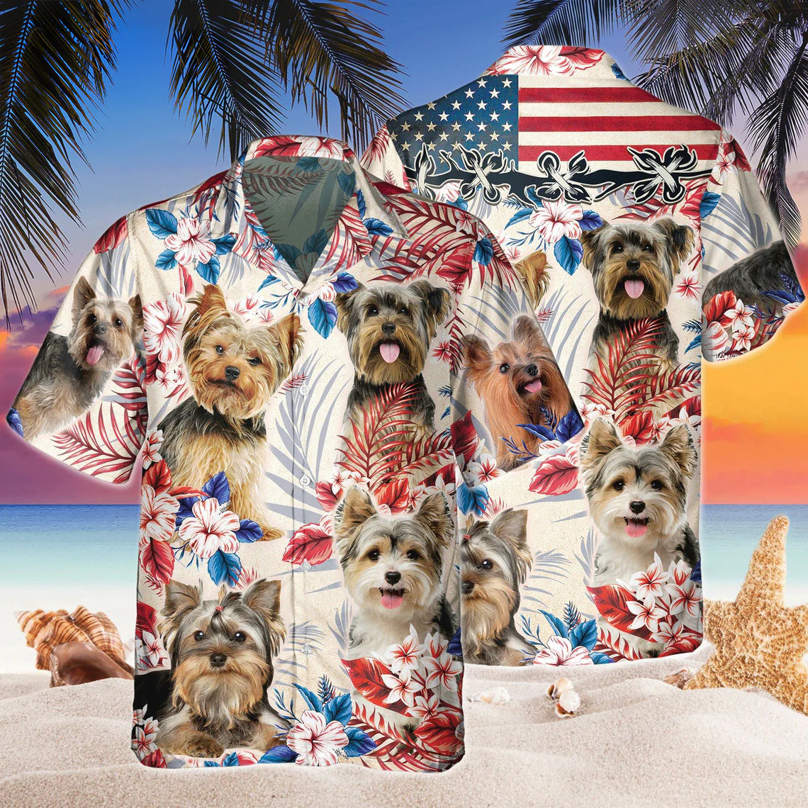Yorkshire Terrier Dog United States Flag Hawaiian Flowers All Over Printed 3D Hawaiian Shirt Yorkshire Terrier Dog United States Flag Hawaiian Flowers All Over Printed 3D Hawaiian Shirt