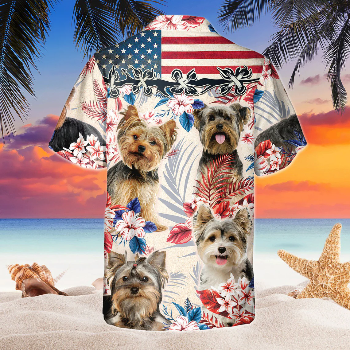 Yorkshire Terrier Dog United States Flag Hawaiian Flowers All Over Printed 3D Hawaiian Shirt