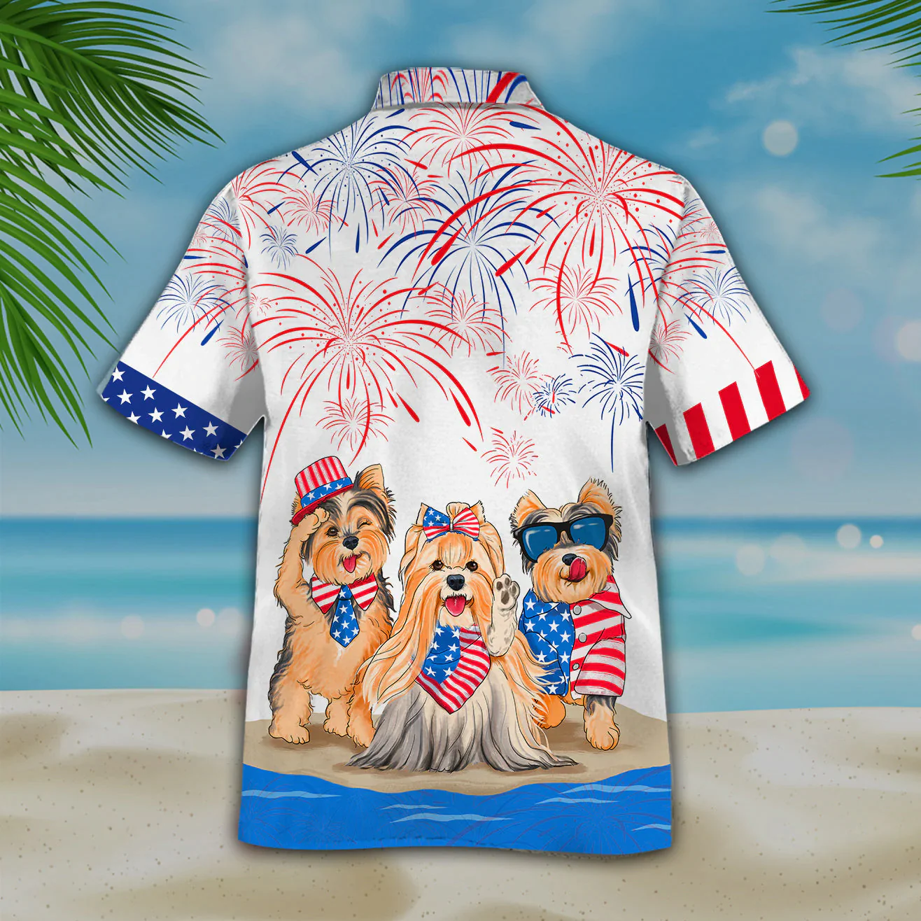 Yorkshire Terrier Independence In Comping, Men’s Usa Patriotic Trendy Hawaiian Shirt