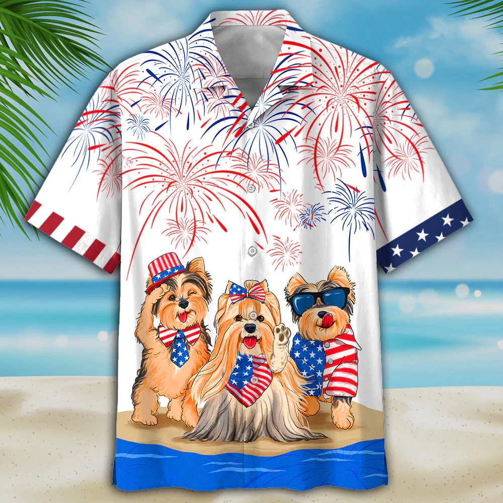 Yorkshire Terrier Independence In Comping, Men’s Usa Patriotic Trendy Hawaiian Shirt Yorkshire Terrier Independence In Comping, Men’s Usa Patriotic Trendy Hawaiian Shirt