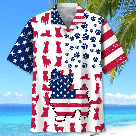 Yorkshire Terrier Representing Usa Flag Hawaiian Shirt Elegance