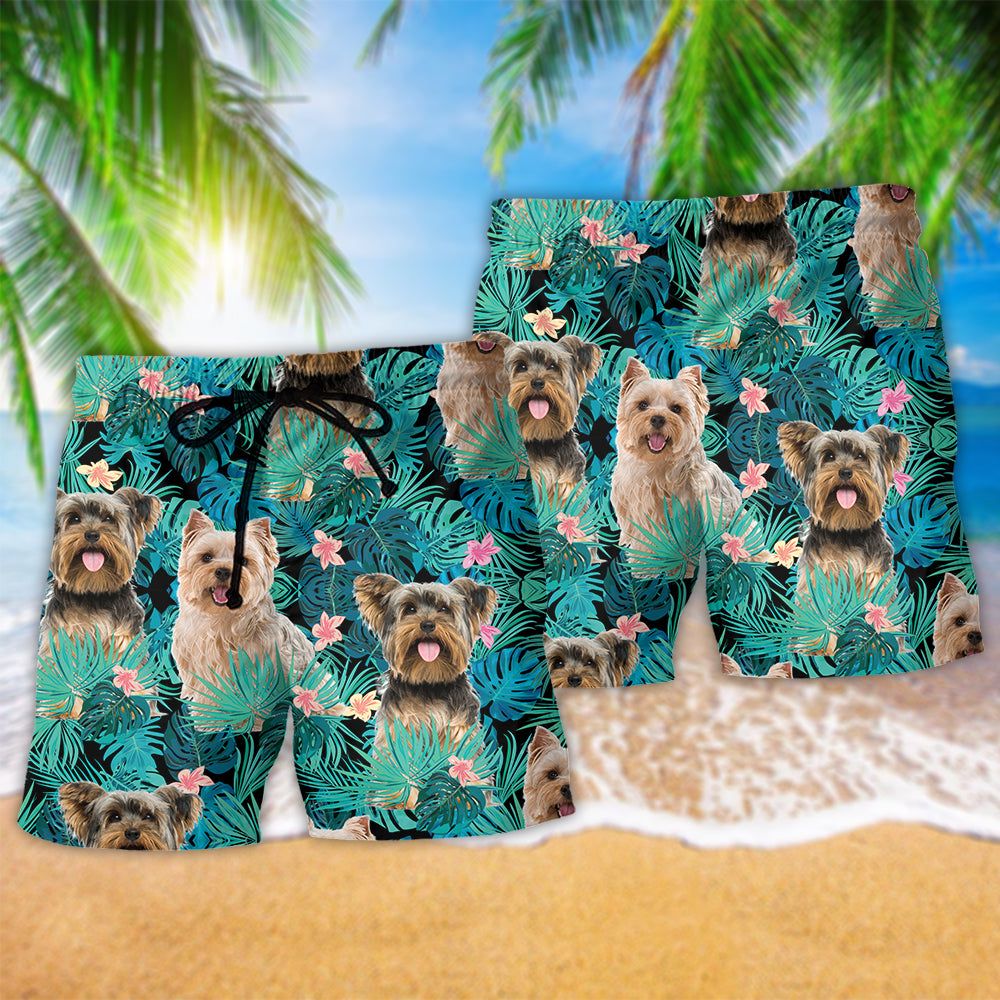 Yorkshire Terrier Tropical Floral Trendy Aloha Hawaiian Beach Shorts