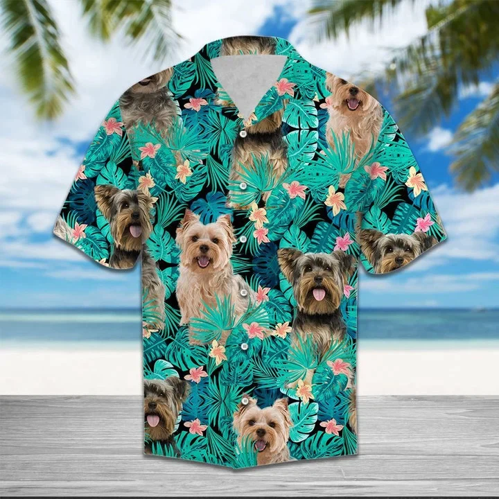 Yorkshire Terrier With Plumeria Flowers And Leaves Trendy Hawaiian Shirt